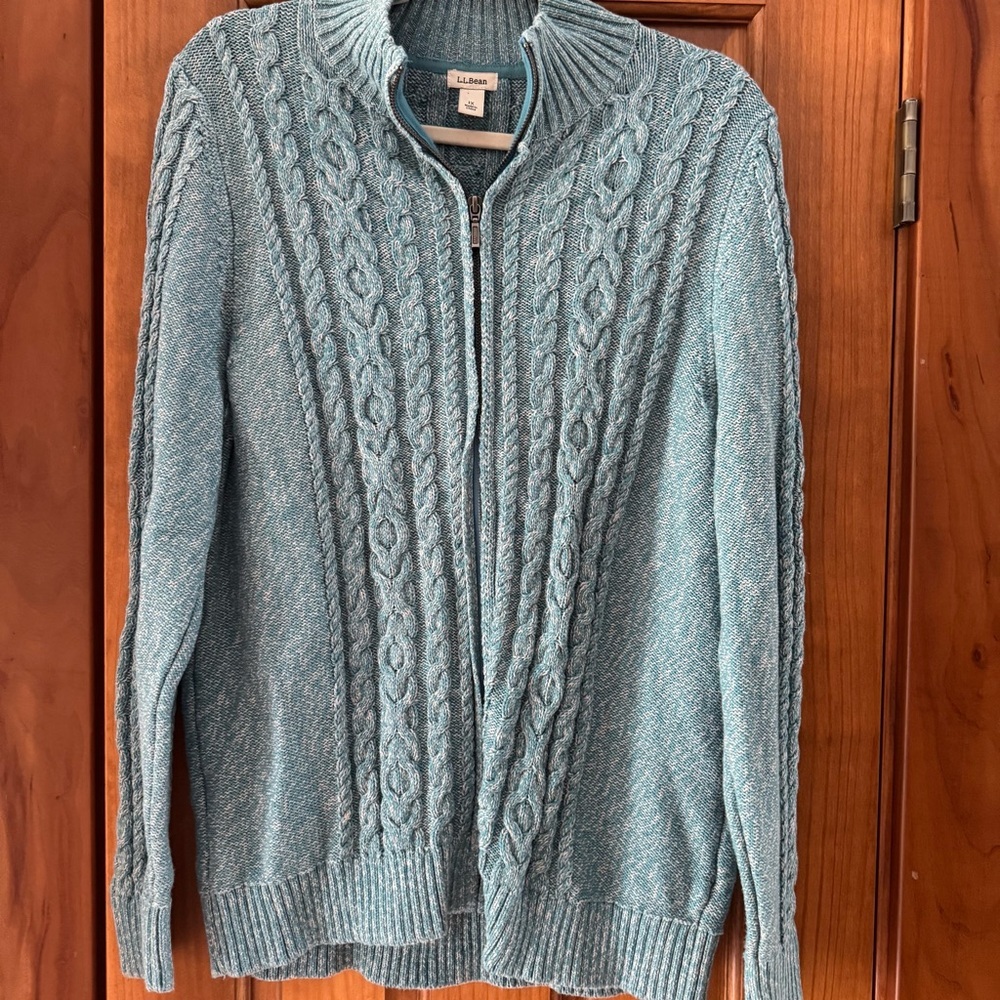 L.L. Bean Cable Knit Full Zip Mock Neck Sweater Women’s 1X Turquoise Chunky